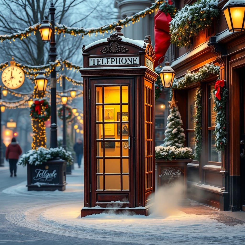 Vintage Telephone Booth Under Twinkling New Year's Streetlig...
