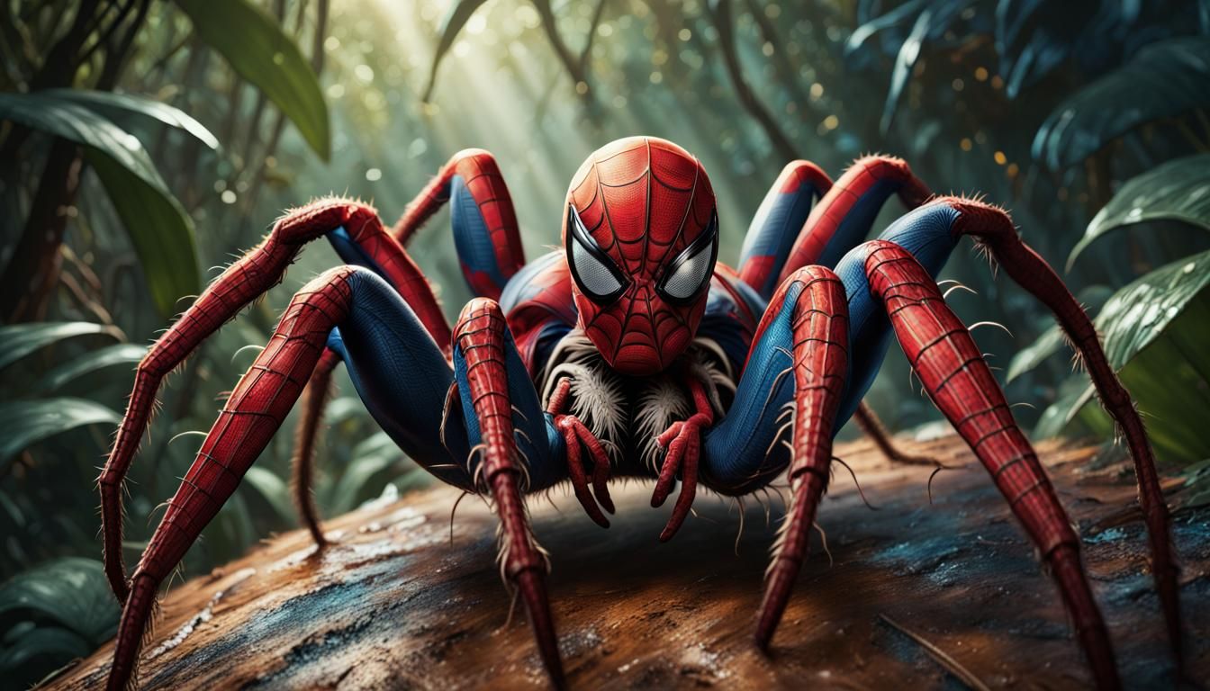 Spider-Man Rides a Spider in Jungle Digital Art