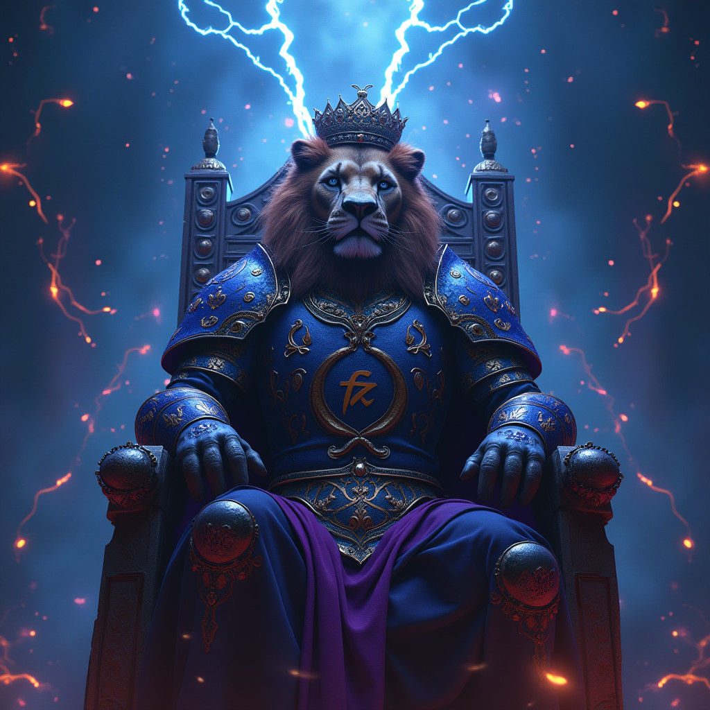 Lion King on Throne in Lightning Storm
