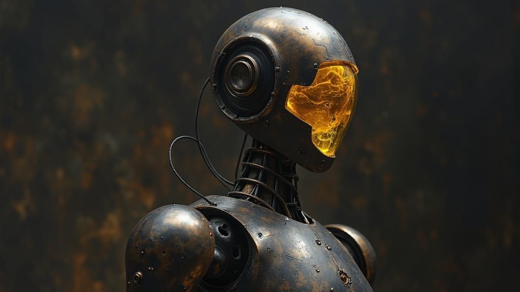 Robotic Head Reveals Brain in Liquid, Dark Oil Paint Style