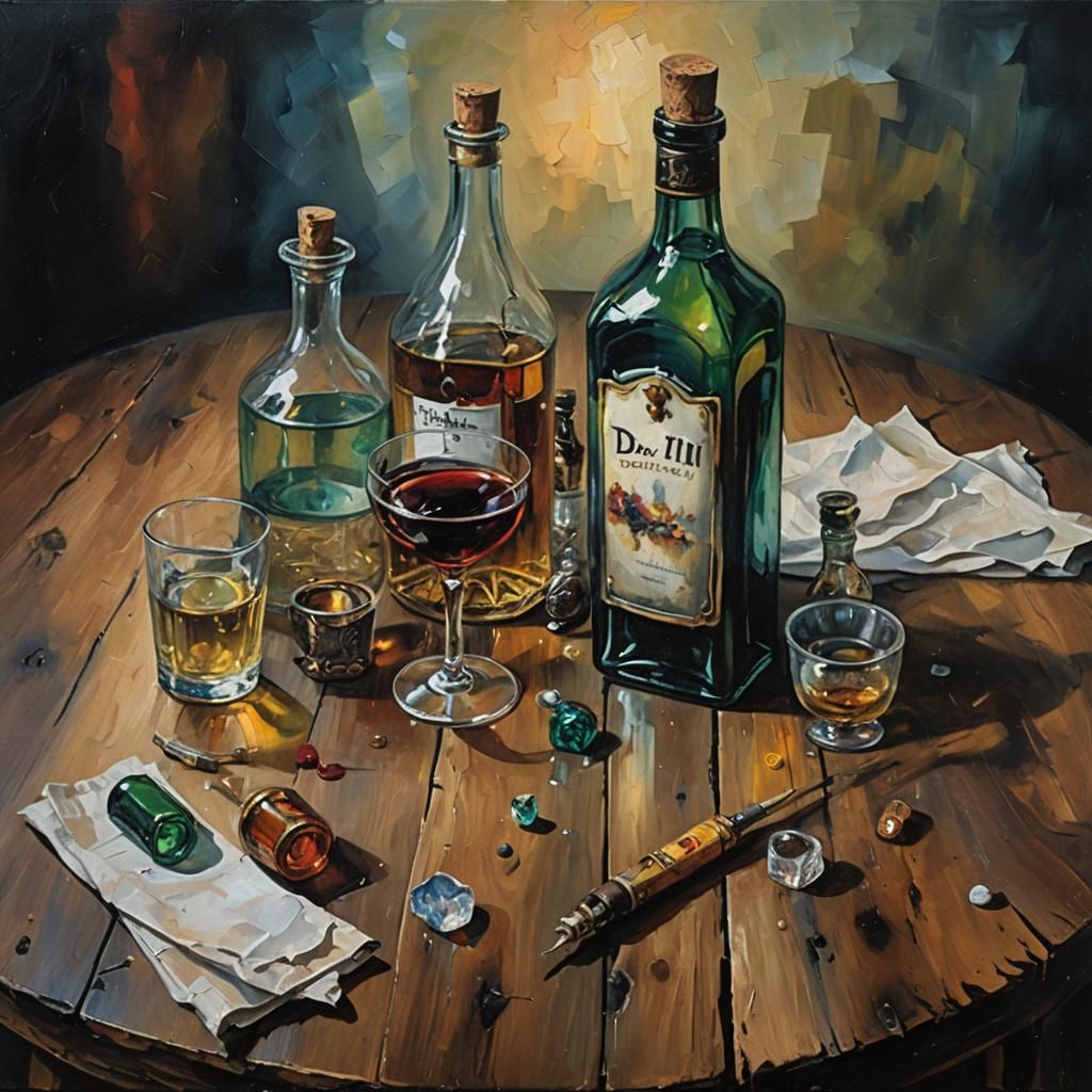 Alcohol inks bottles on an aged cracked oil painting