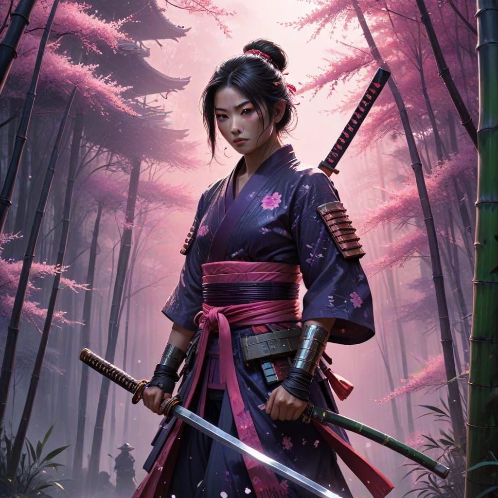 South Asian Samurai Woman Wielding Glowing Katana in Misty C...