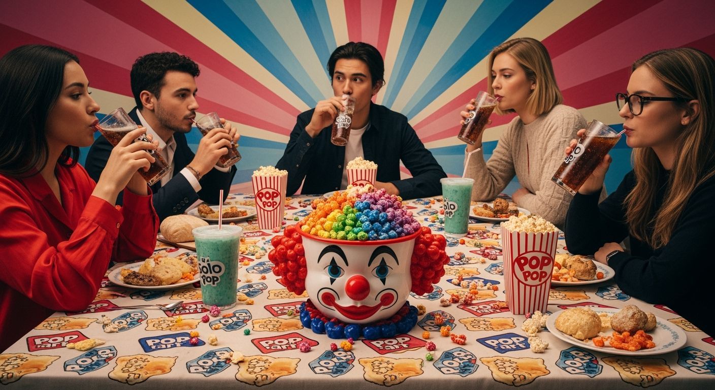 Surreal Pop Art Table Setting with Clown and Popcorn