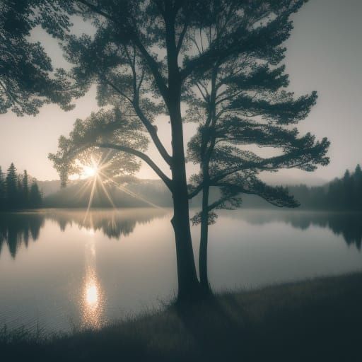 Hyperrealistic Trees by Lake in Warm Misty Light