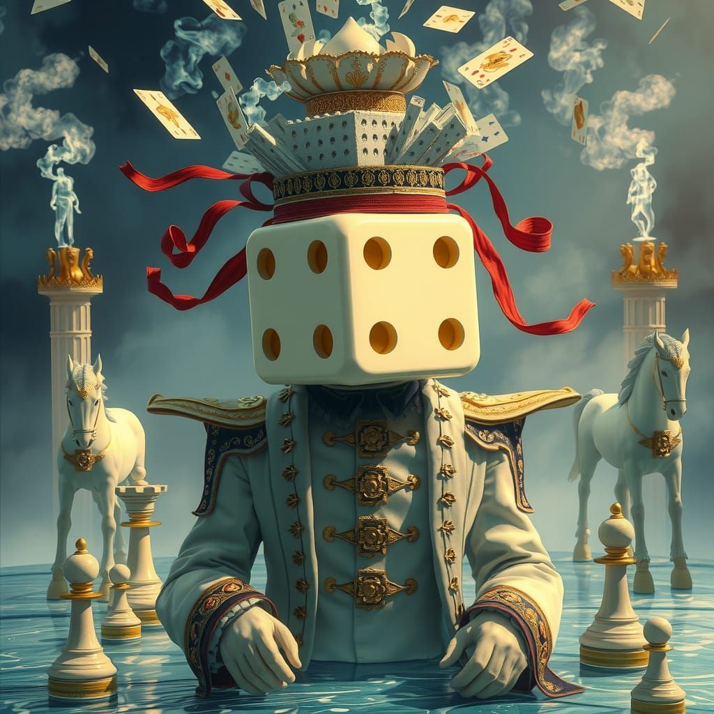 Man with Dice Head on Chessboard, Surreal Fantasy Art