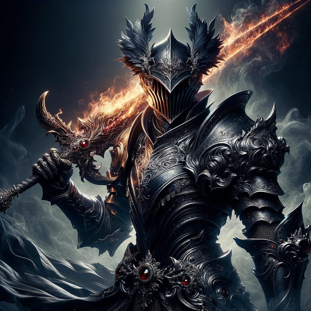 Dark Mythology Knight in Ebony Armor with Flames