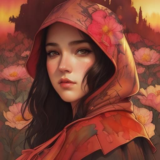 Cubist Watercolor Red Riding Hood at Sunset