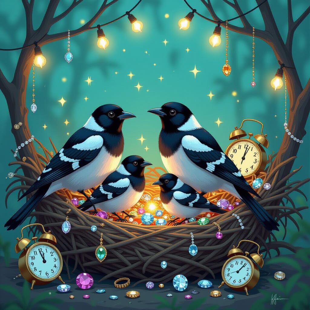 Magpies' Whimsical Nest of Trinkets and Treasures
