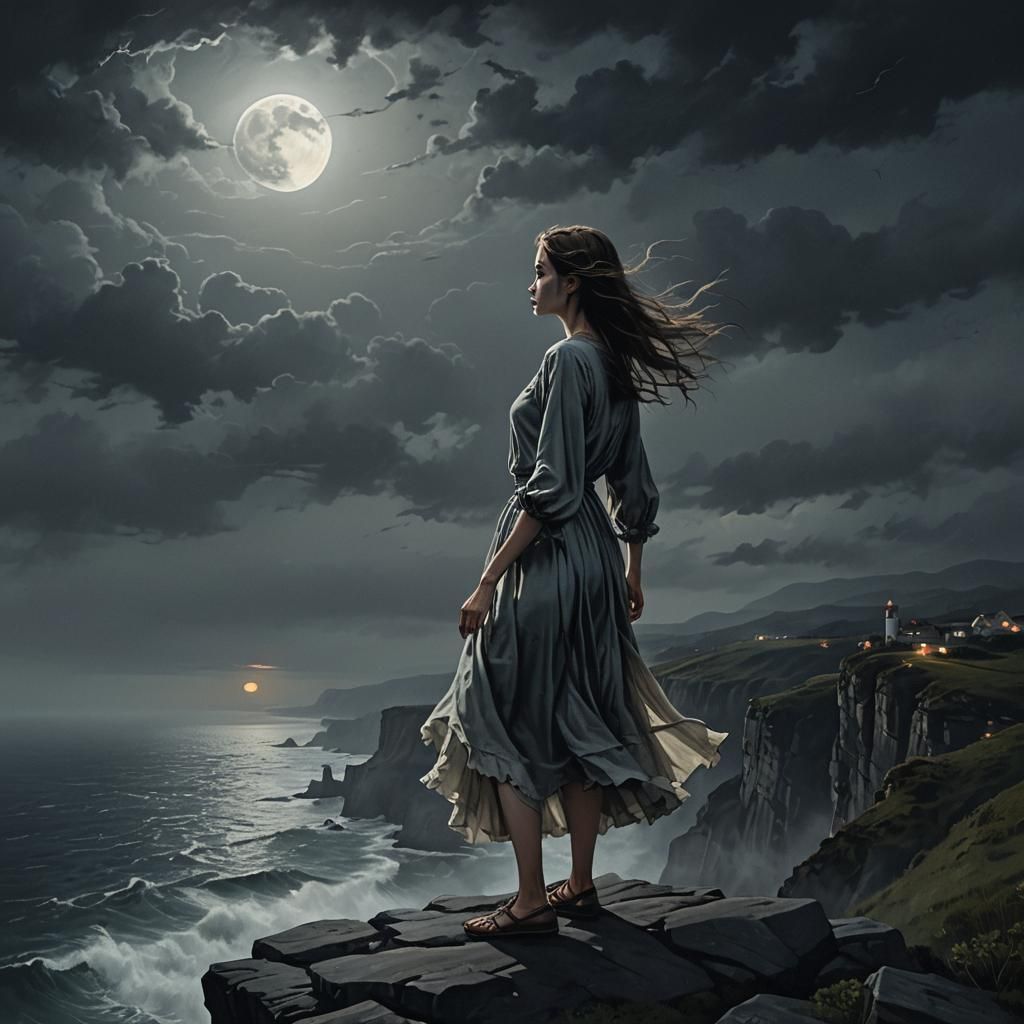 Eerie Cliffside Woman Under Moonlight in Gloomy Horror Scene
