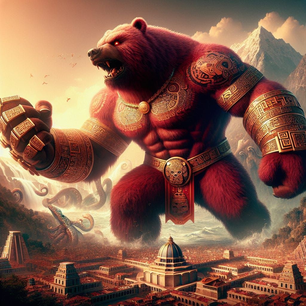 Colossal Mayan Werebear Overpowers Octopus in City