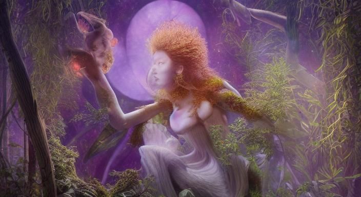 Cosmic Woman in Mycelium Forest, Botanical Art Style