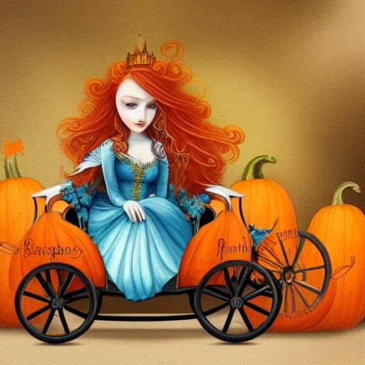 Pumpkin Queen in Carriage: Detailed Watercolor Painting