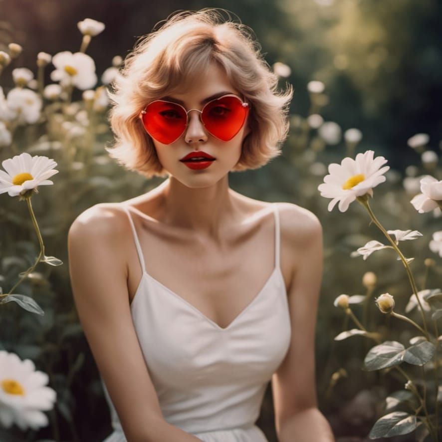 Girl with Heart Sunglasses in Summer Garden