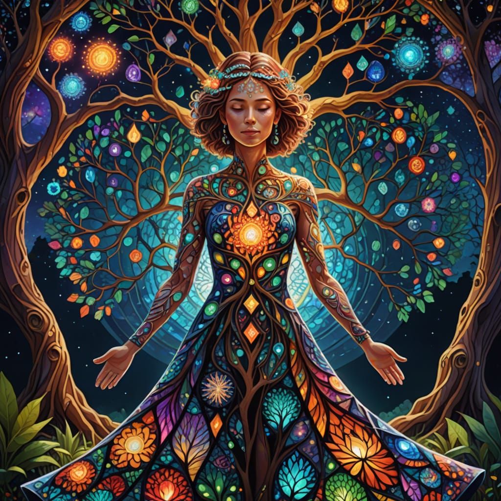 Vibrant Tree of Life and Mosaic Woman