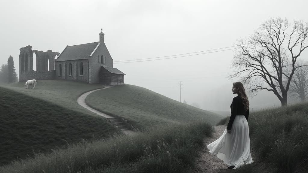 Dreamy Church Ruins in Foggy Landscape