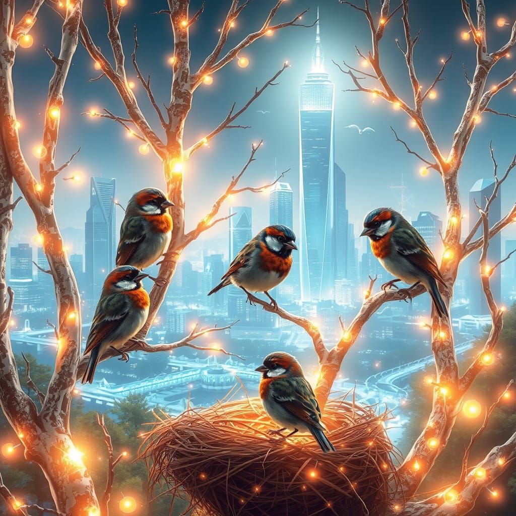 Sparrows in Magic Trees with Cyberpunk Cityscape