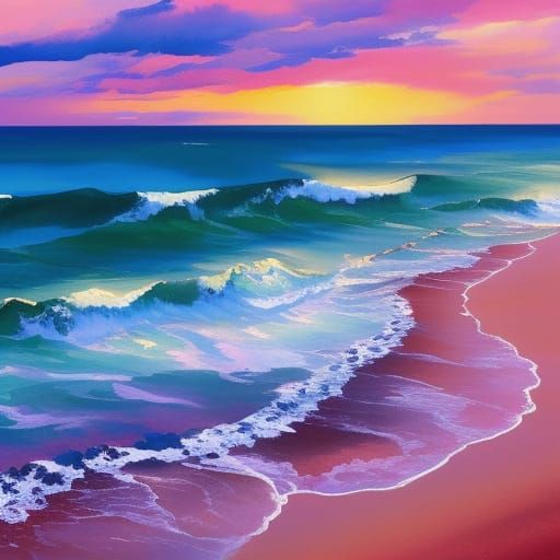 Pink Beach Waves as Gouache Impressionist Painting