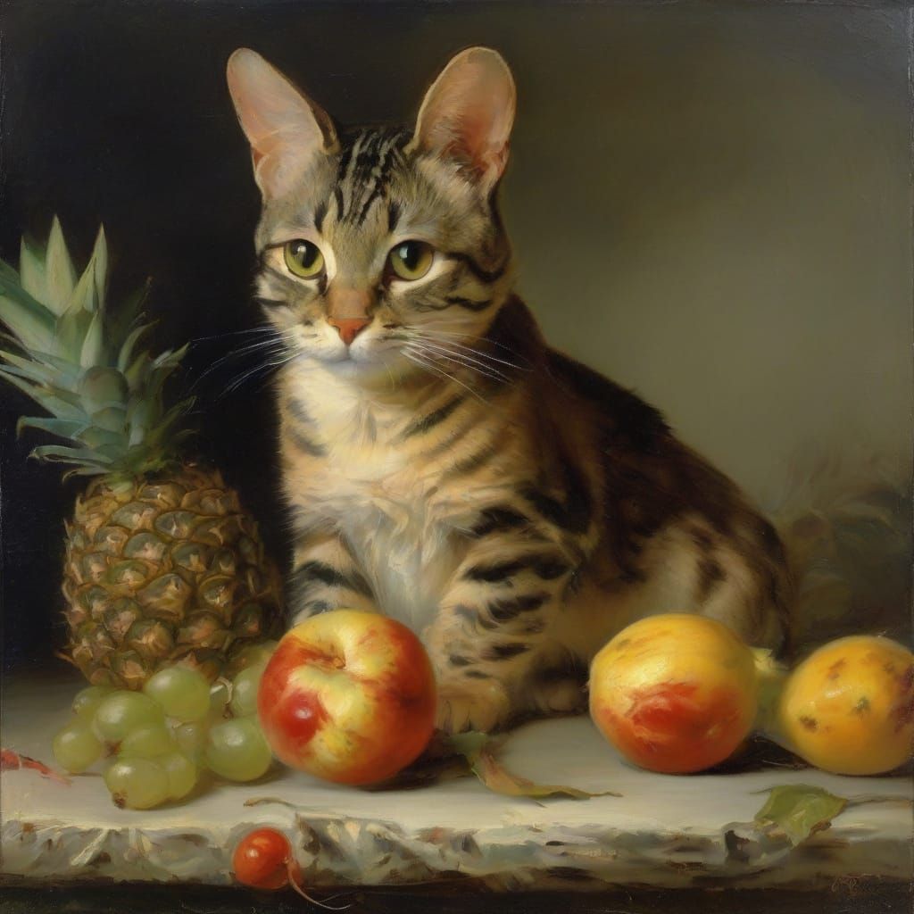 Feline Pineapple in Baroque Still Life