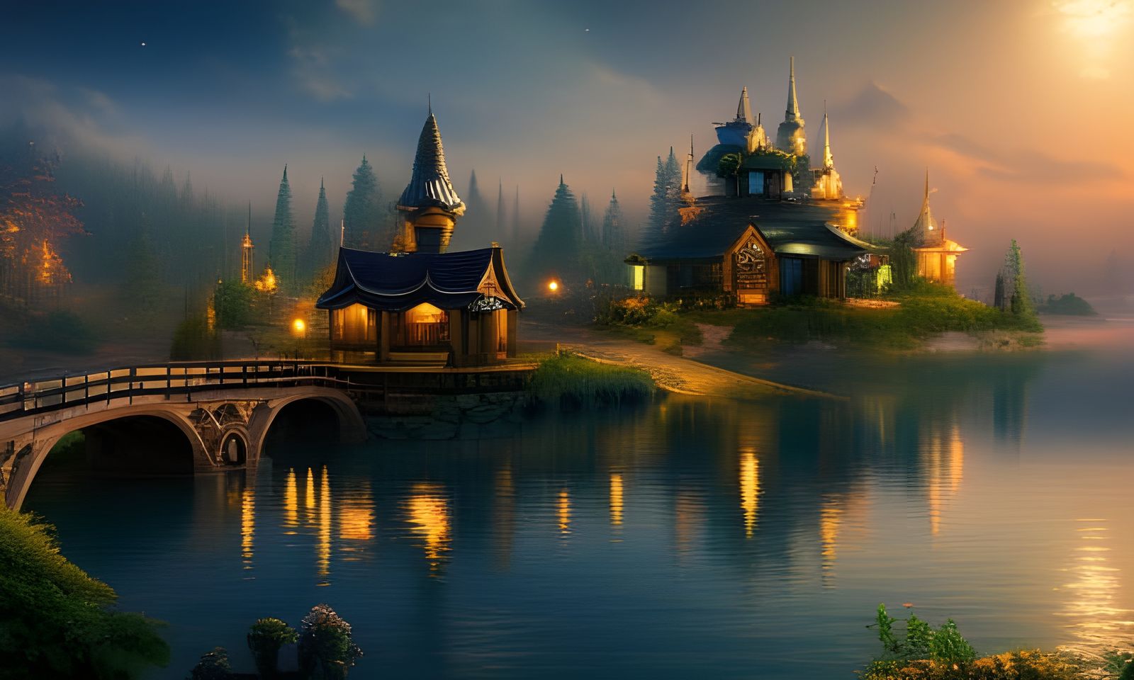 A beautiful highly detailed FAIRY town on lake edge, moonlight over the water -2269