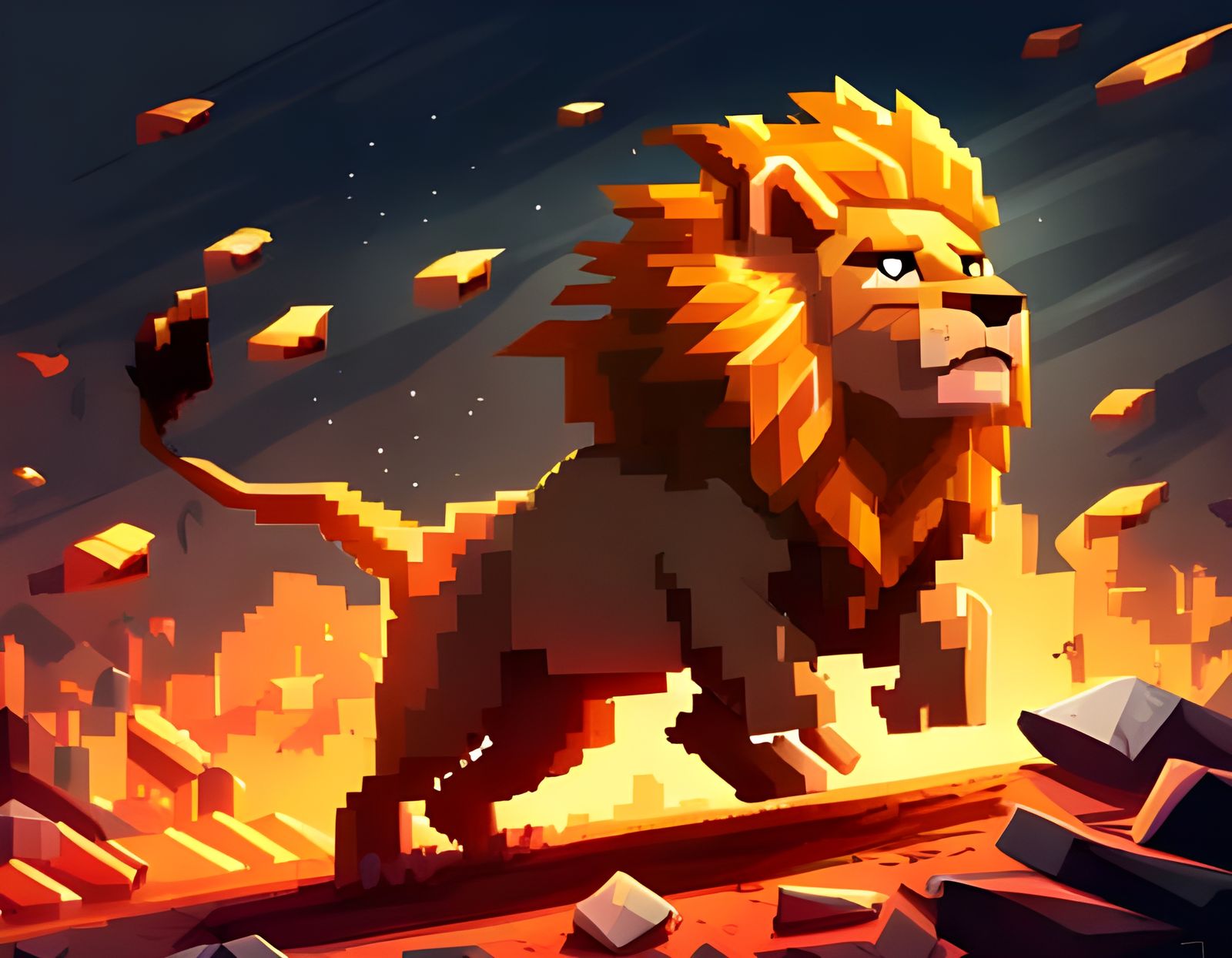 Pixel Art Lion Pouncing with Explosions