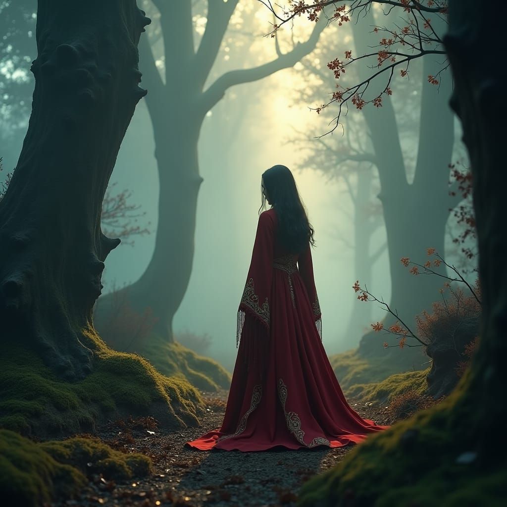 Mysterious Sorceress at Forest Edge in Gothic Style