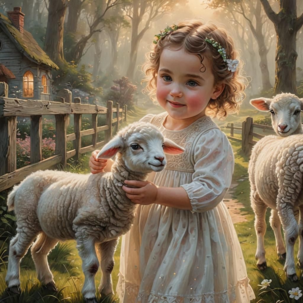 Baby Girl Feeds Lamb in Misty Forest, Hyperrealistic Art