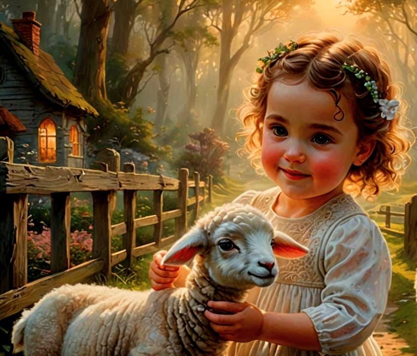 Baby Girl Feeds Lamb: Hyperrealistic Fantasy Scene