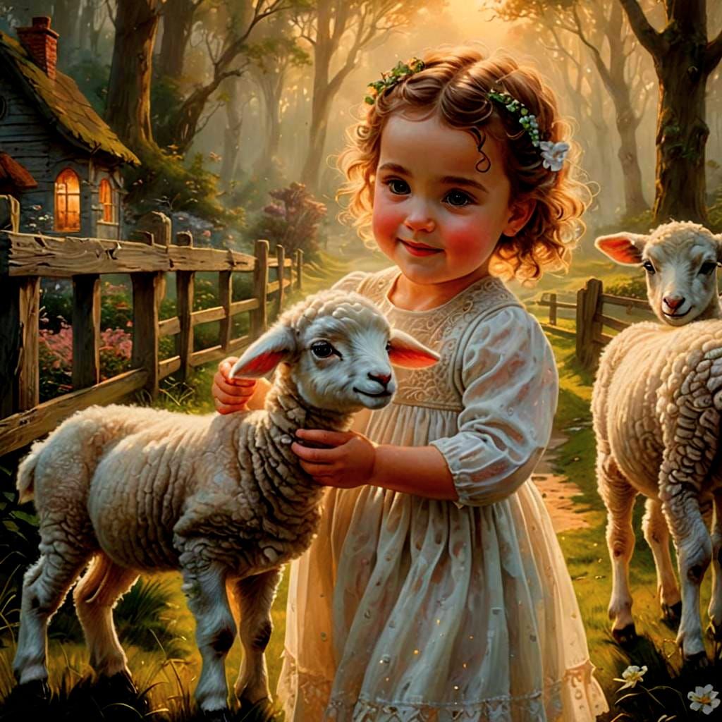 Serene Fantasy Scene: Baby Girl Feeds Lamb in Whimsical Land...