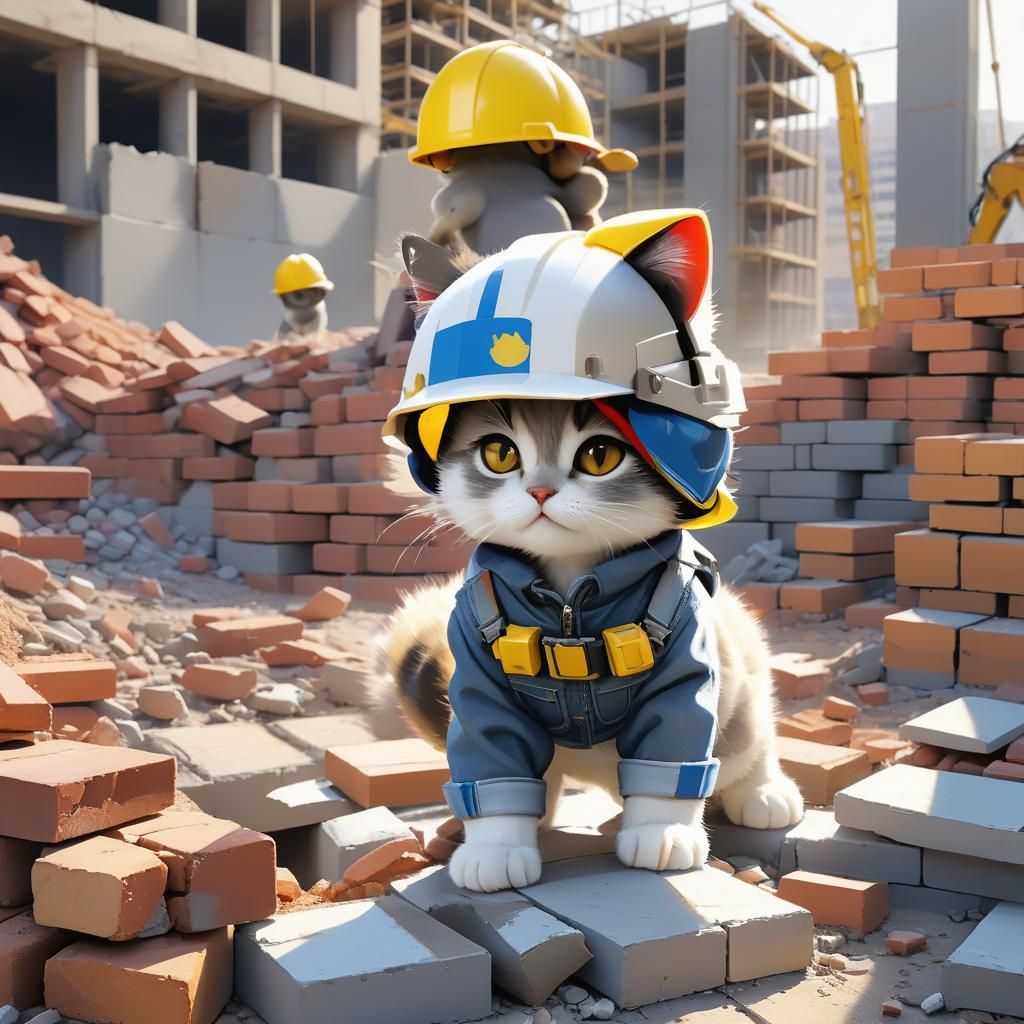 Kitten Construction Worker in Anime Style
