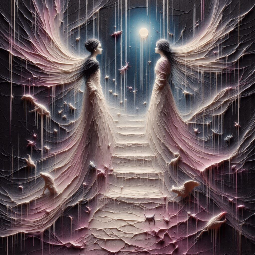 Ethereal Goddesses Ascend Cosmic Stairways in Surreal Style