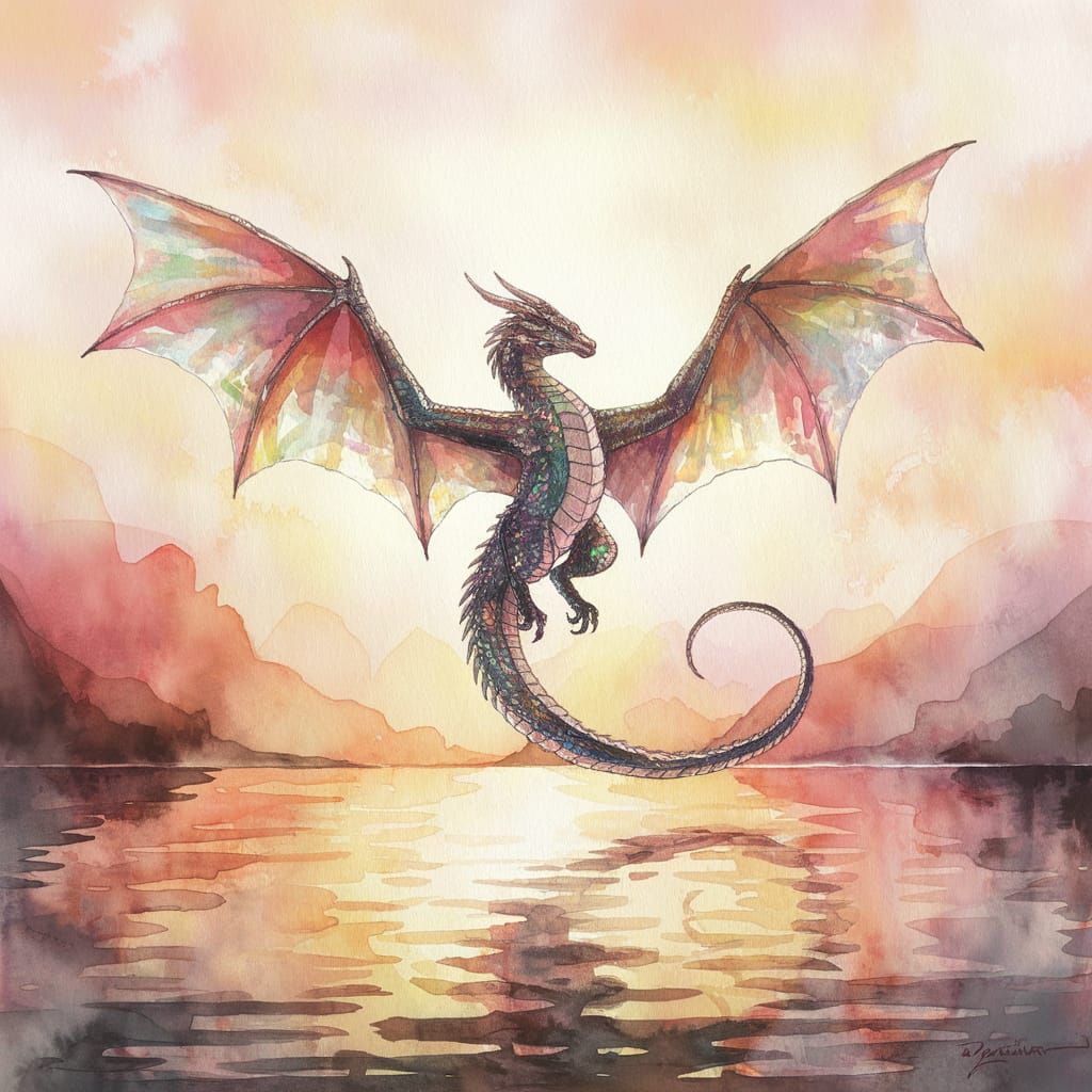 Ethereal Dragon soars Against Sunset Mountains