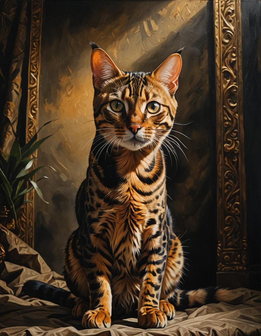 Majestic Bengal Cat in Golden Hour Oil Painting