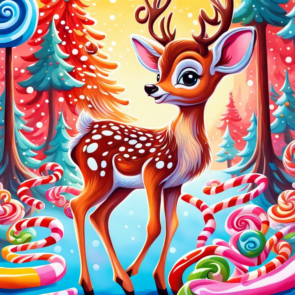 Cartoon Christmas Bambi in Gouache Wonderland