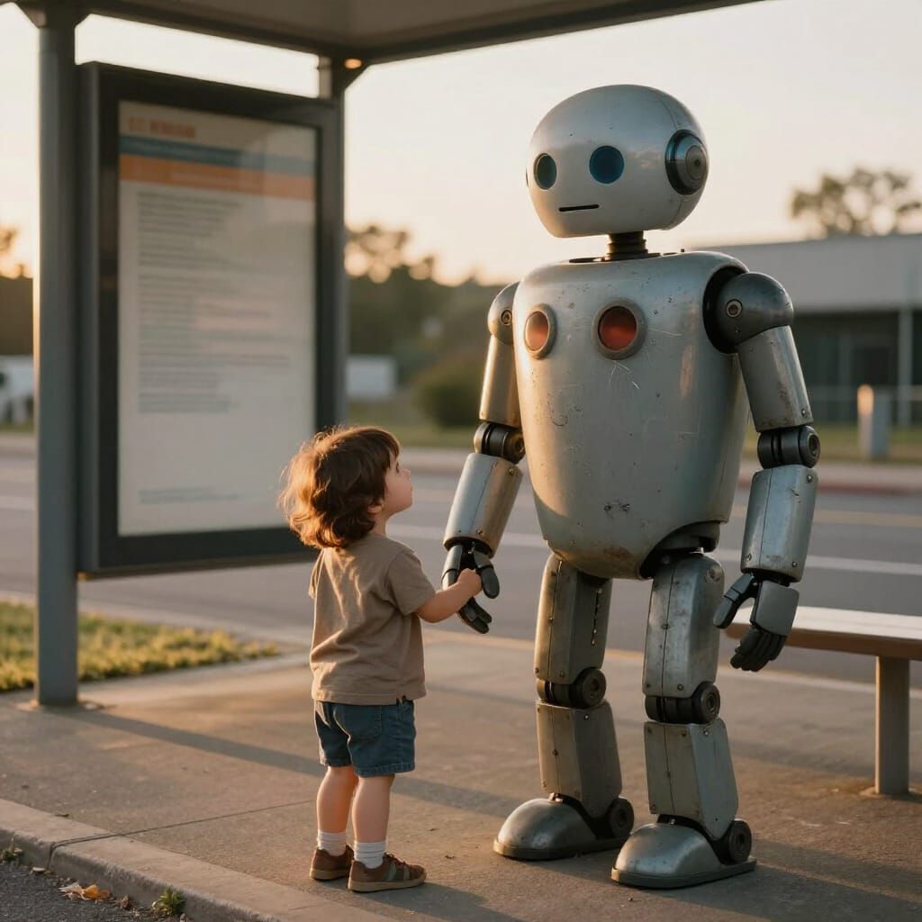 Child and Robot at Sunset Bus Stop