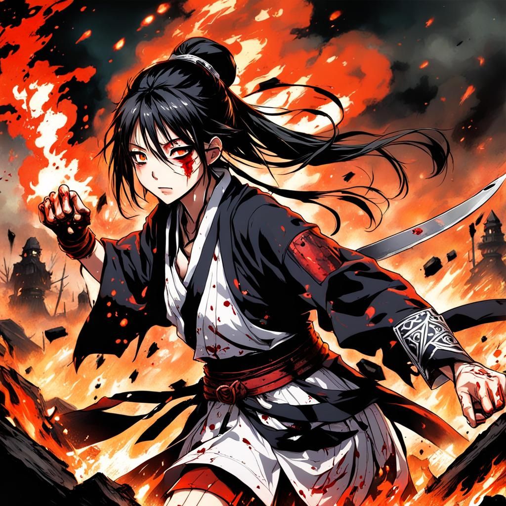 Anime Girl Battles with Dark Magic on Firey Battlefield