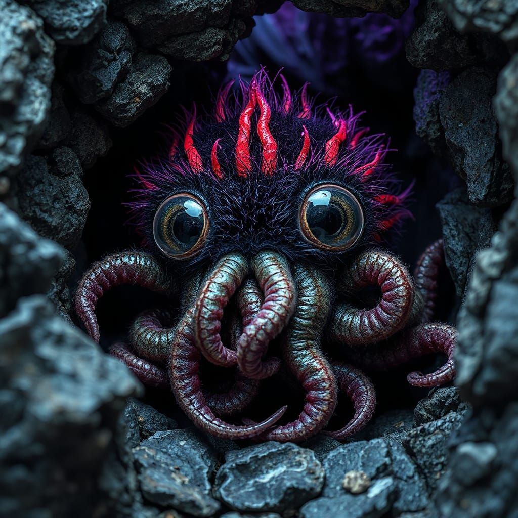 Neon Furry Creature with Tentacles in Grungy Style