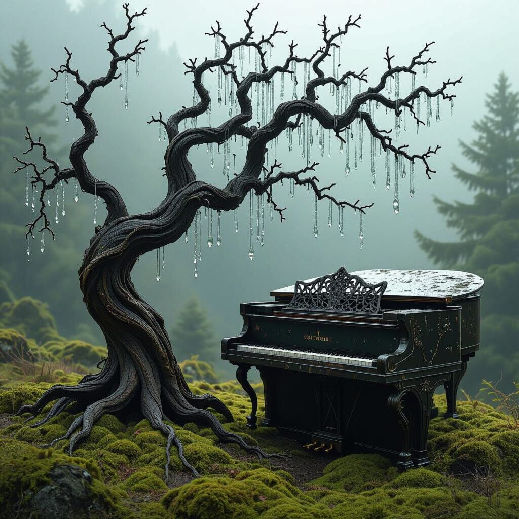 Ancient Tree with Glass Leaves and Ornate Piano in Moss