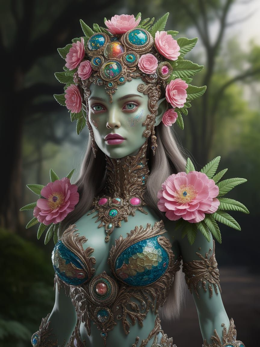 Exotic Alien Goddess in Vibrant Rainforest Attire