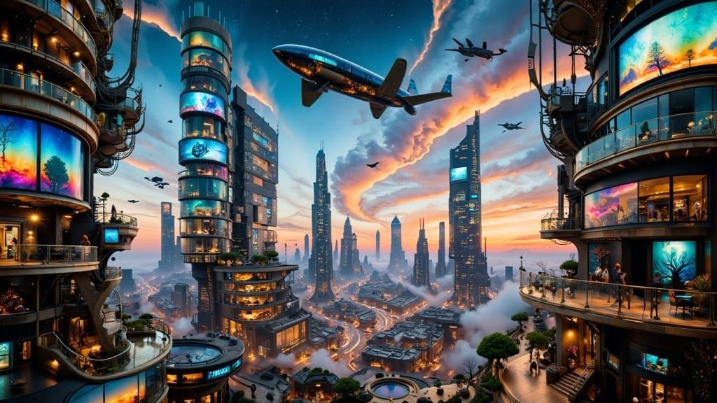 Surreal Futuristic Metropolis at Dusk in Cyberpunk Style