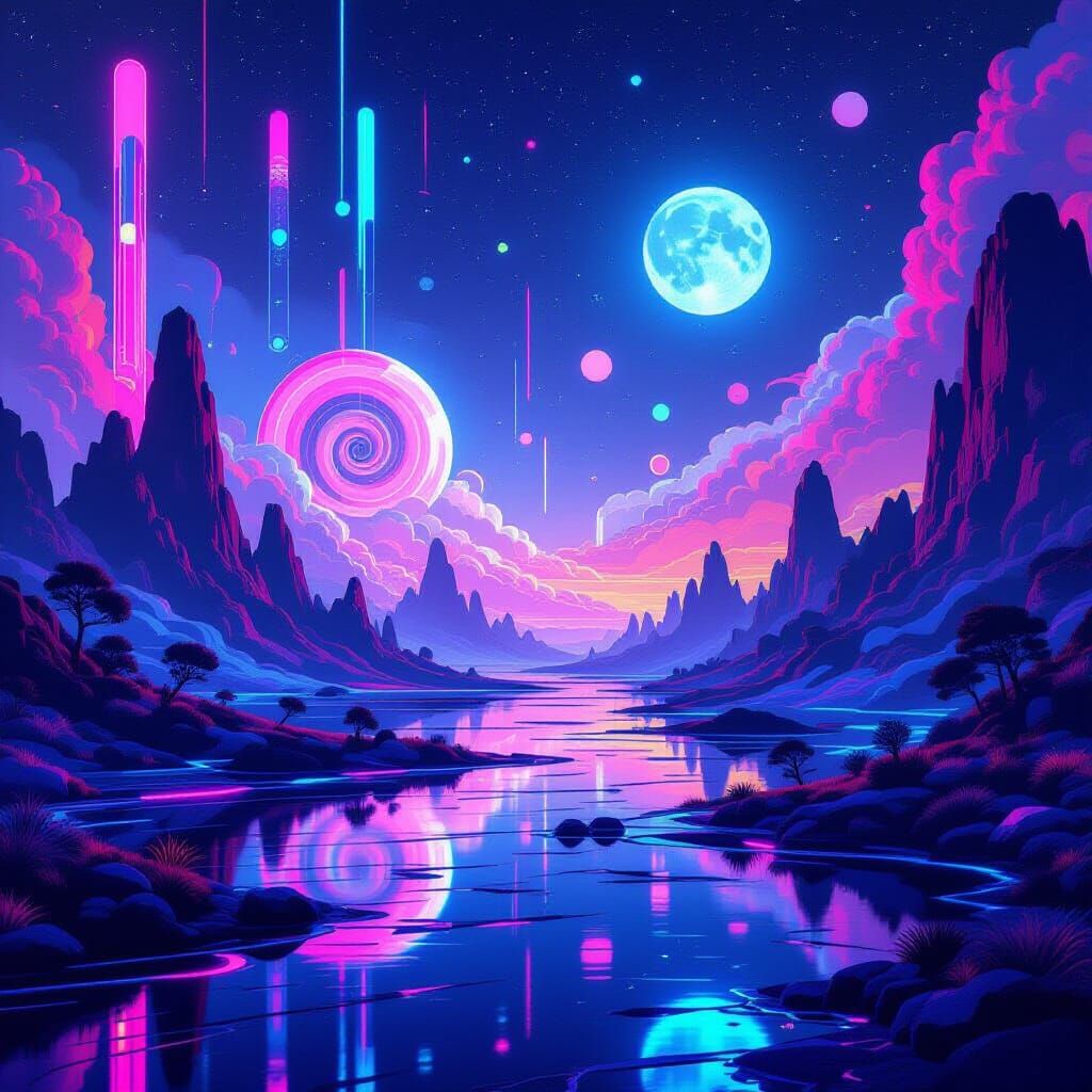 Vibrant Dreamlike Digital Realm with Neon Lights