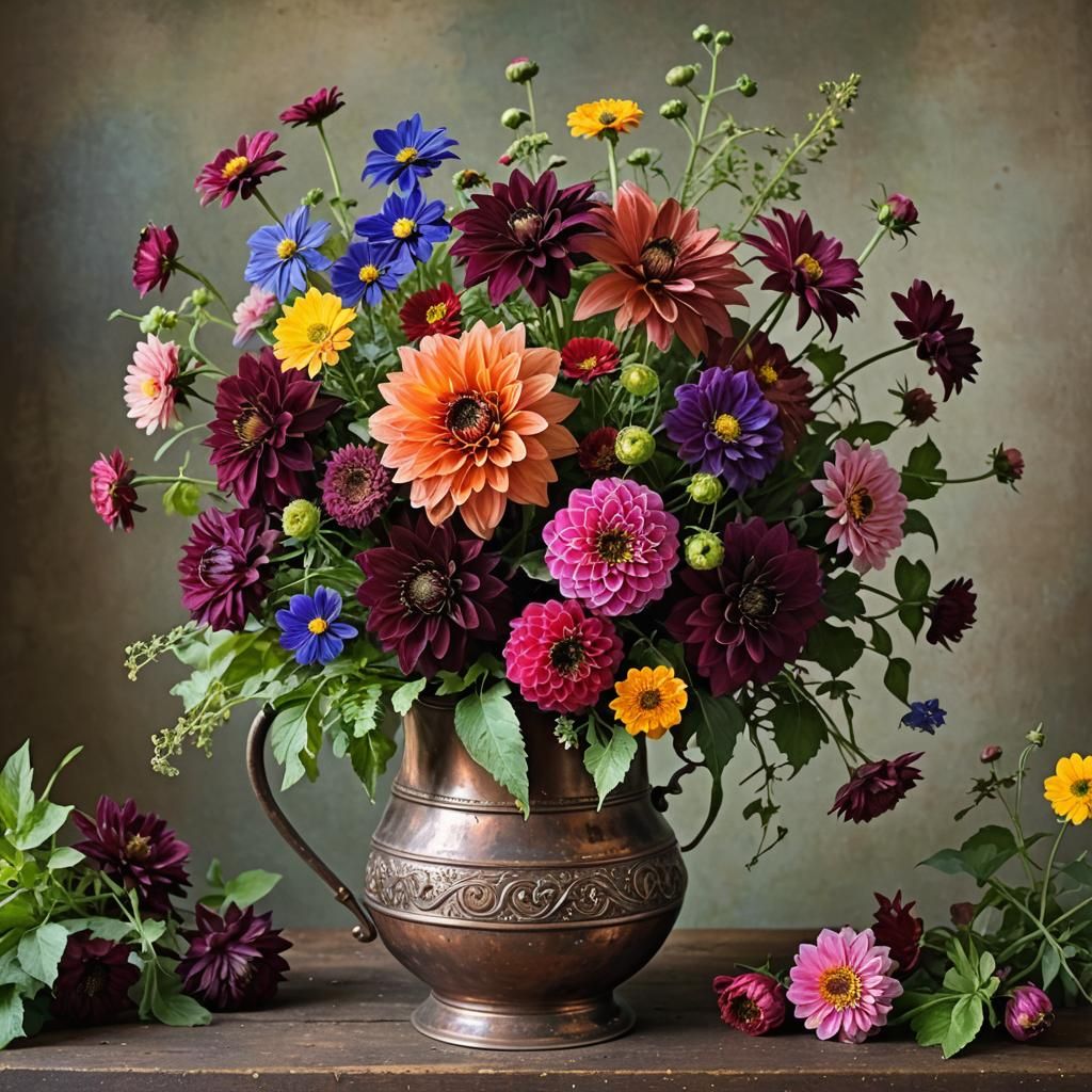 Jewel-Toned Dahlias and Cosmos in Copper Pitcher