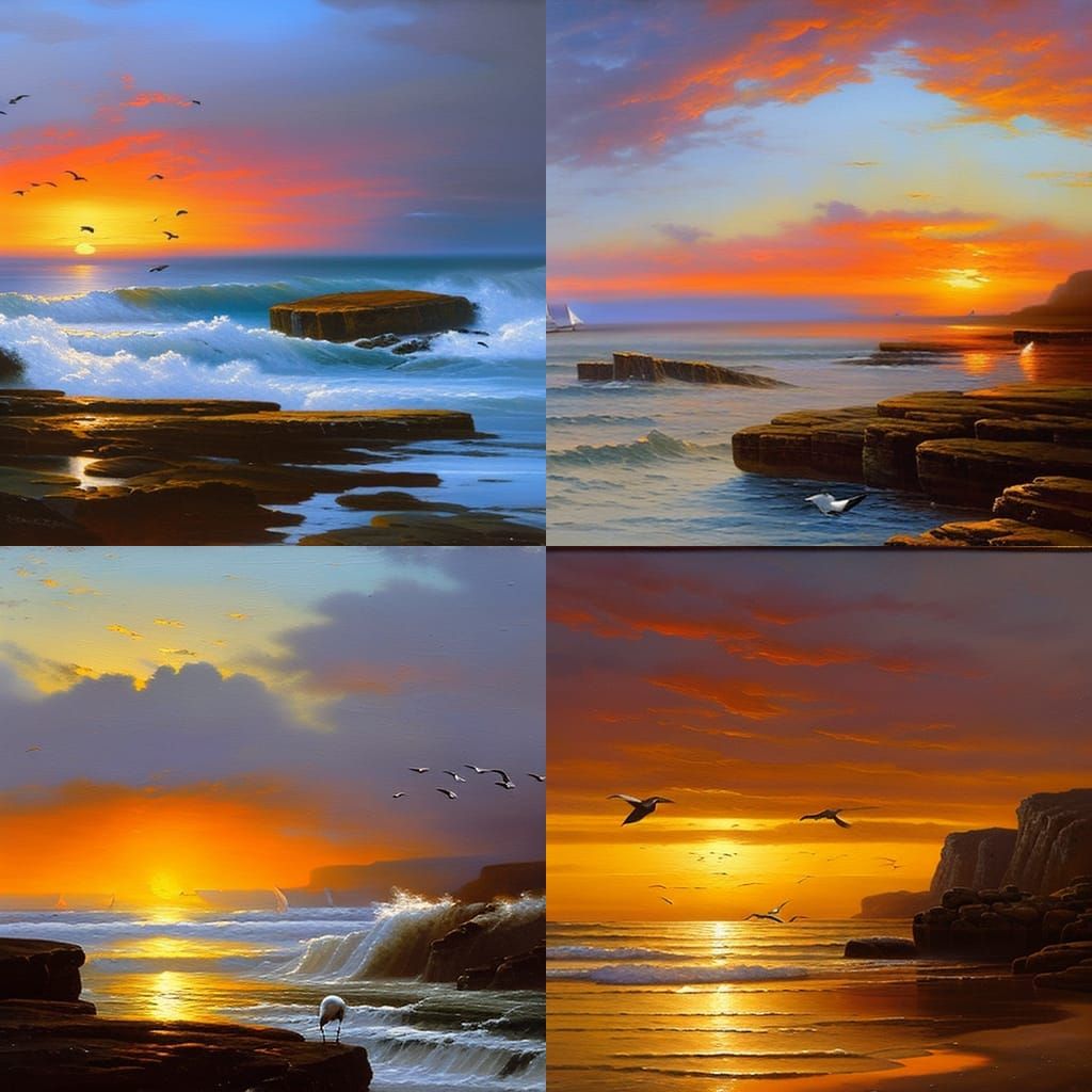 Seagulls at Sunset Ocean View: Oil Painting