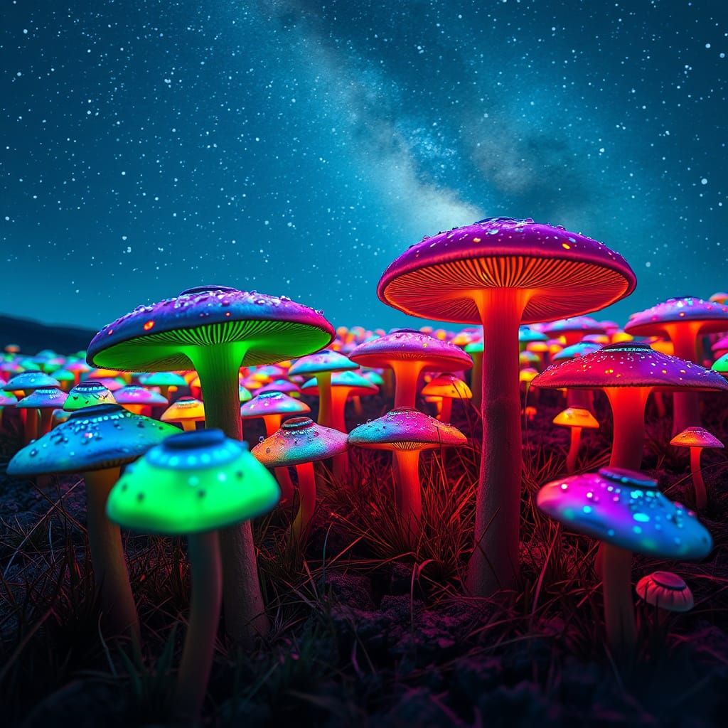 Glowing Mushroom Field Under Milky Way Sky