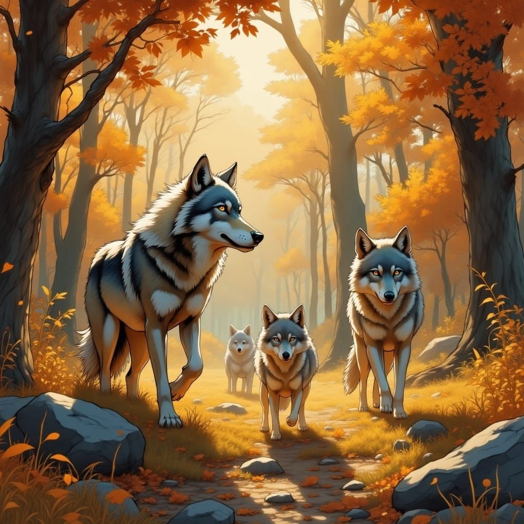 Wolf Family Frolics in Autumn Forest
