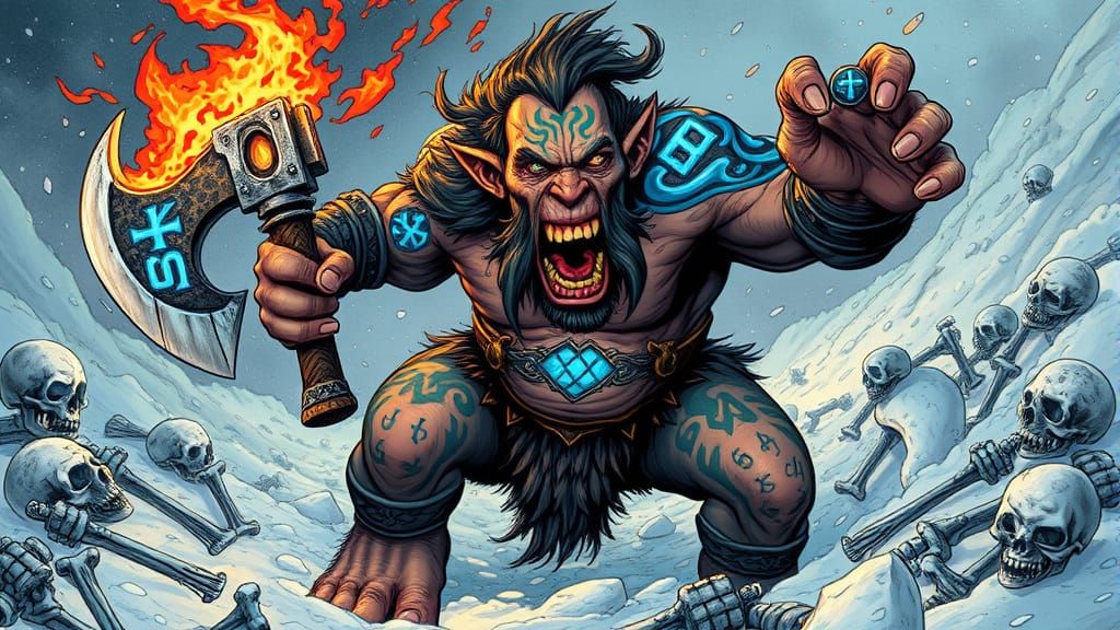 Fearsome Tattooed Troll with Flaming Battleaxe