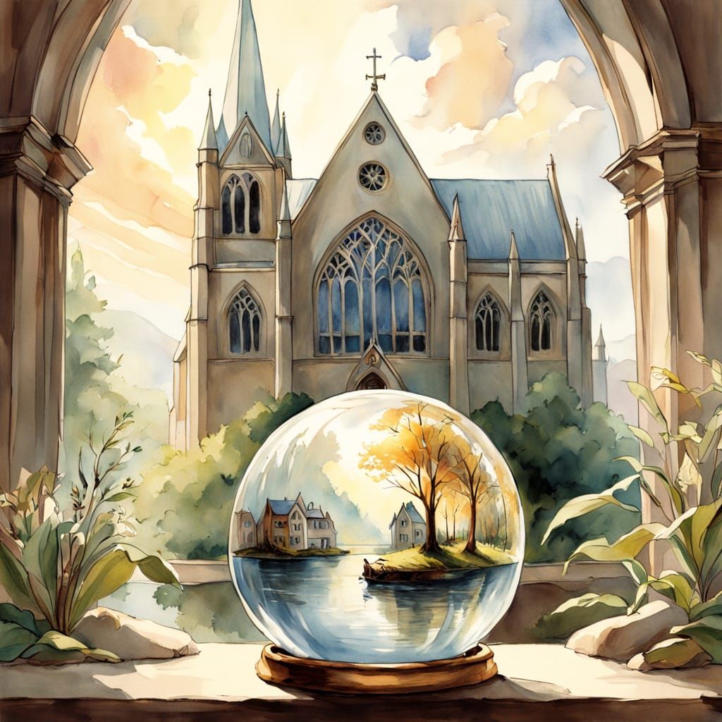 Watercolor Cathedral in Glass Orb: Dreamy, Ethereal Masterpi...