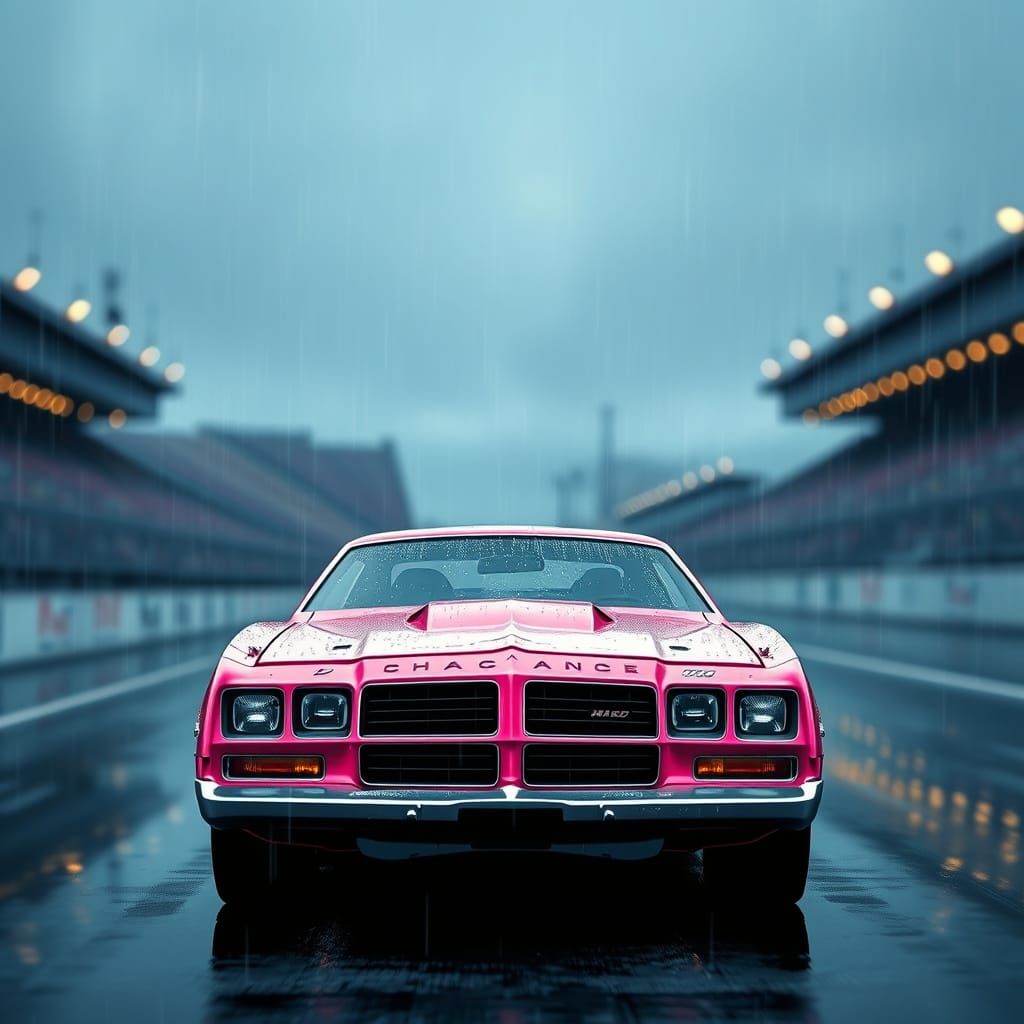 Retro Pink NASCAR Charger Speeds Through Rainy Track