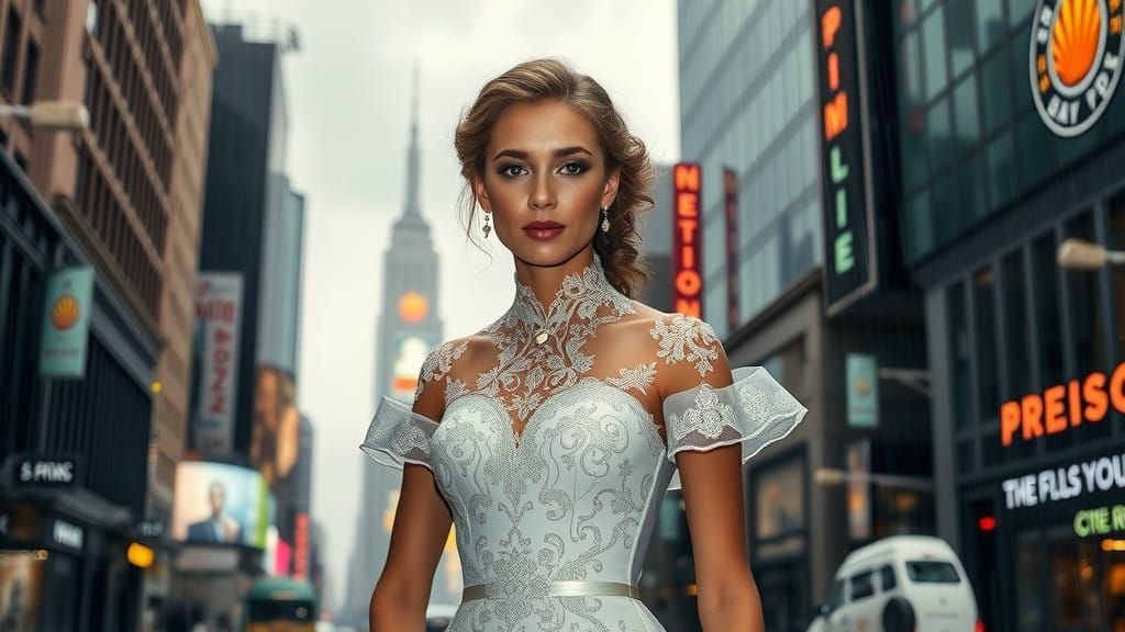 Bride in Cyberpunk Cityscape with Victorian Gown