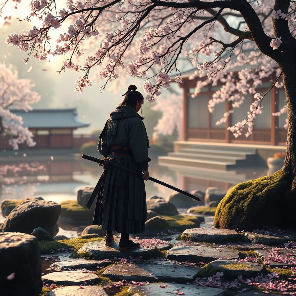 Samurai in Edo Garden: Japanese Ink Wash Painting