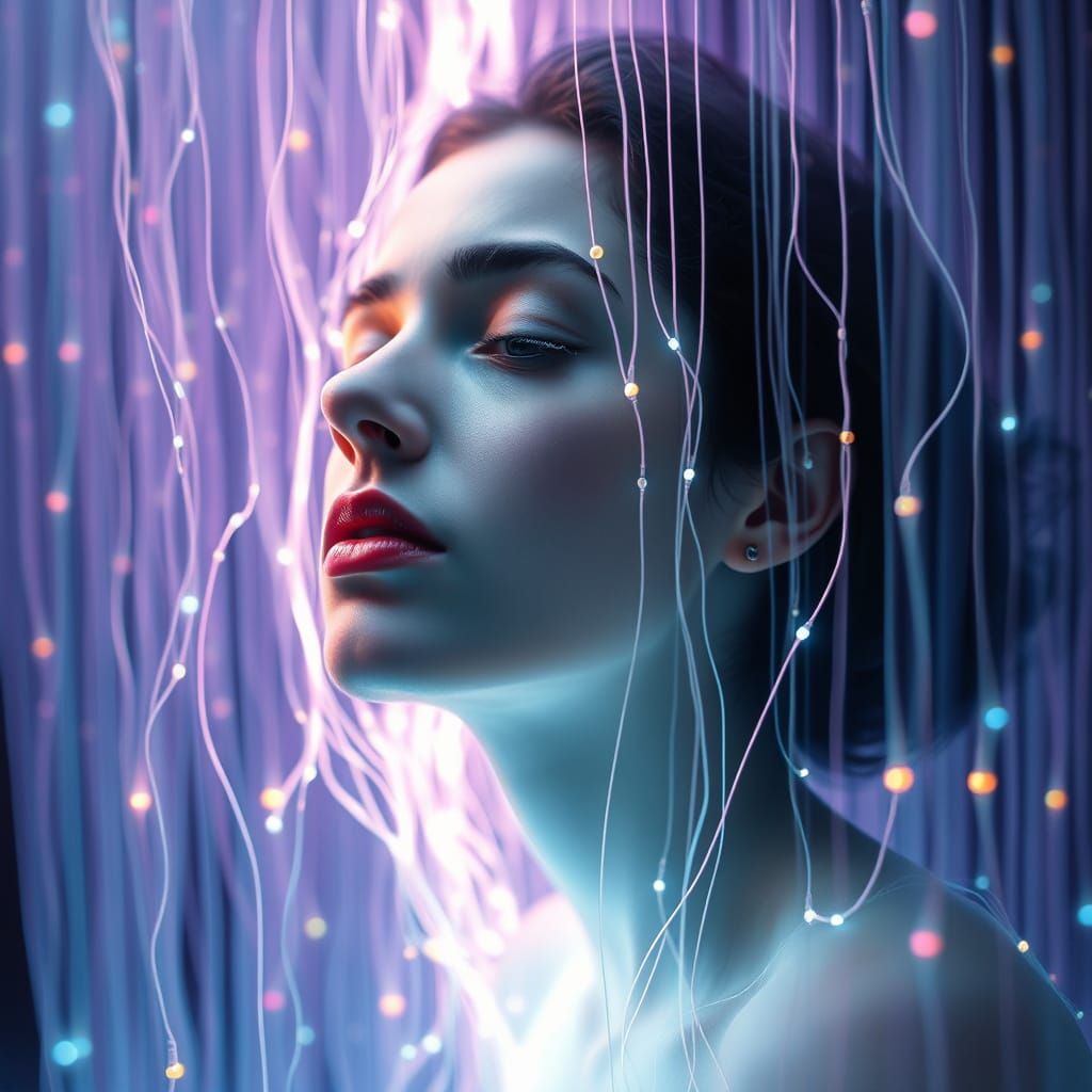 Surreal Woman Suspended in Neon Matrix